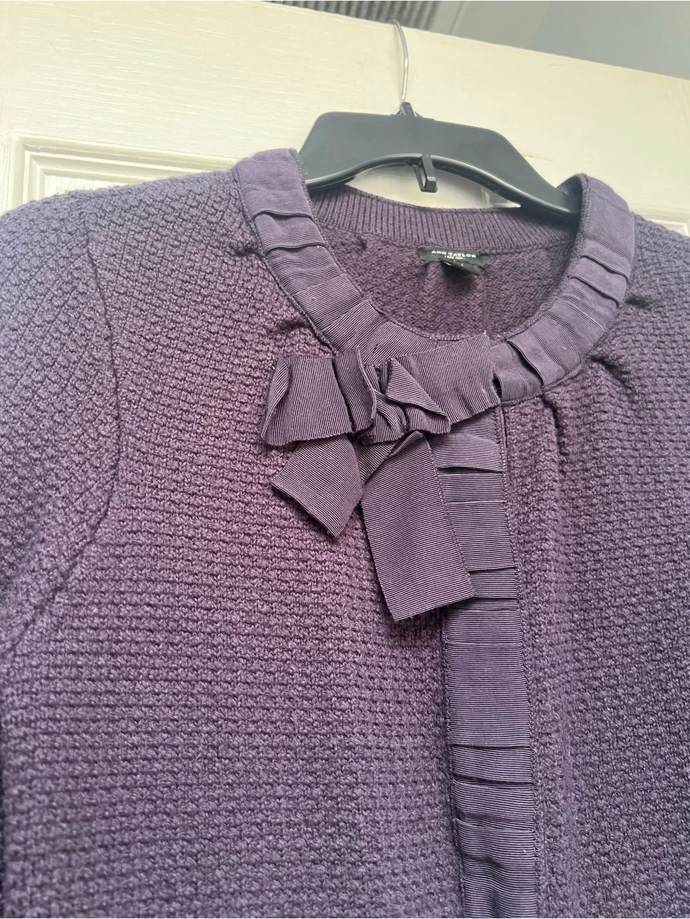 EUC Ann Taylor Plum Knit Cardigan with Neck Bow and pockets size medium - Picture 3 of 9